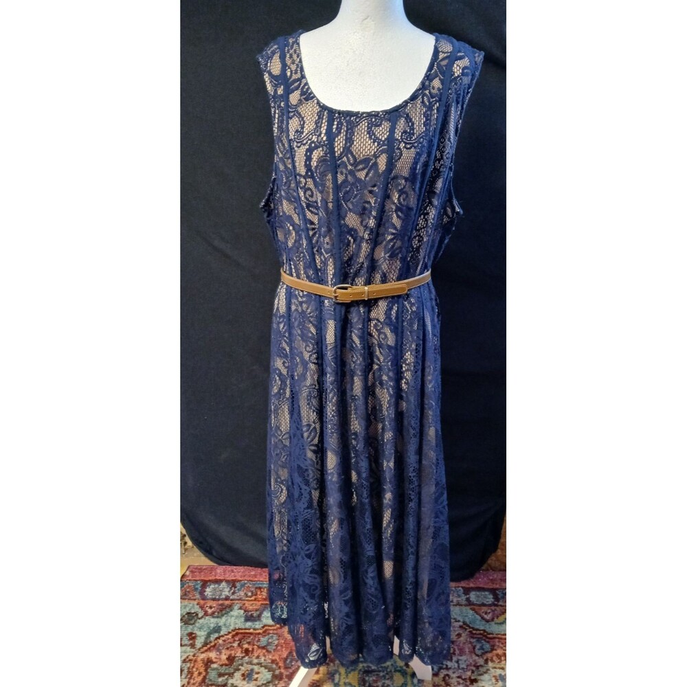 Cardalite Women Navy Blue Lace with Beige Liner Sleeveless Long Dress 2X